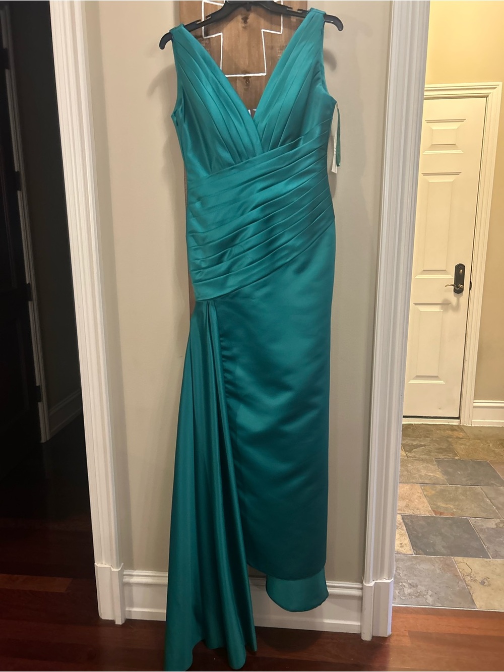 Teal V-Neck Satin Evening Maxi Dress - Women Dresses Maxi